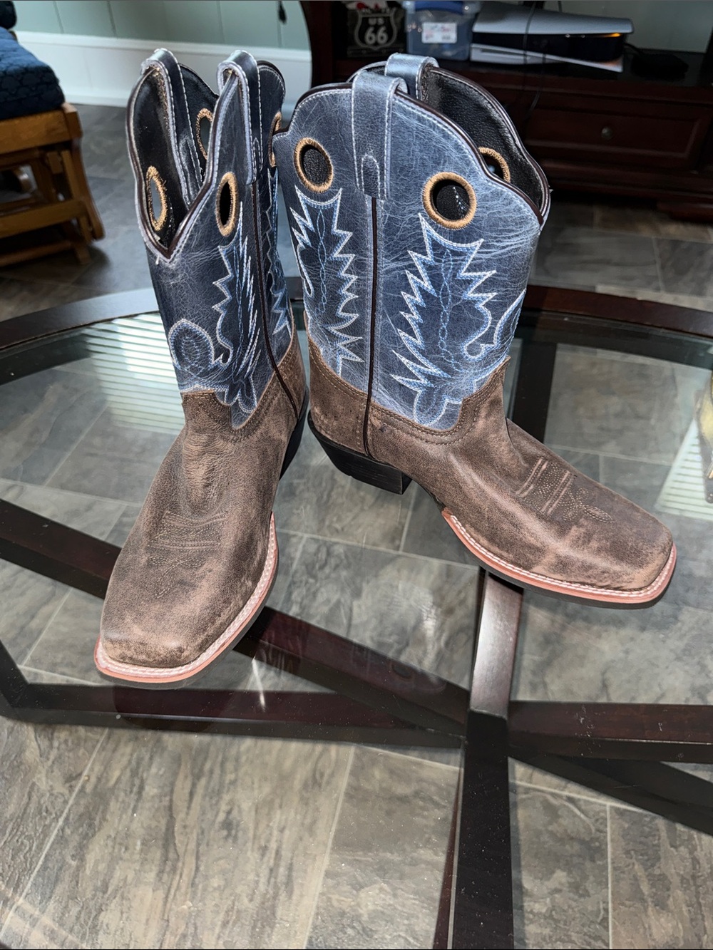 Men's / Boys NEW Two-Tone Brown Suede Western Boots with Blue Embroidered Shaft